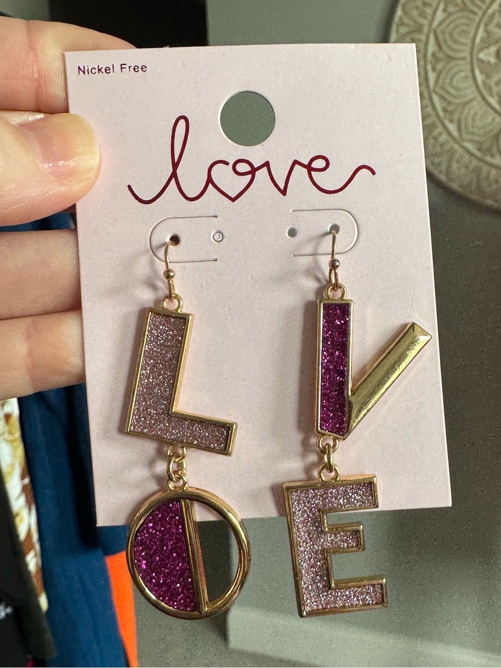 NWT love Glitter Drop Letter Earrings - Pink & Gold